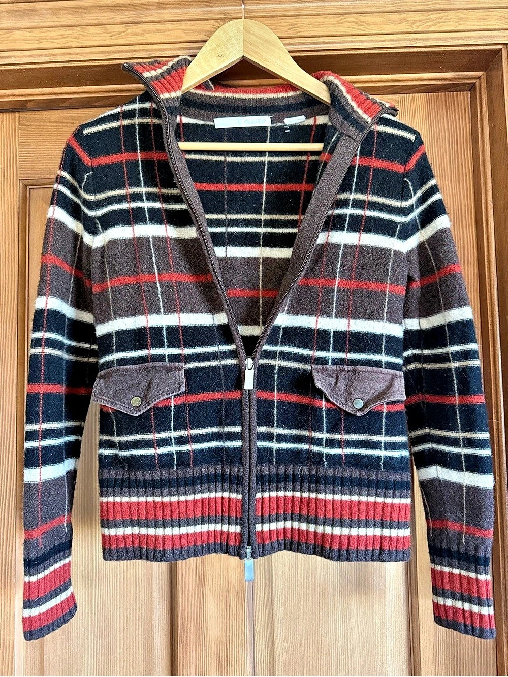 Marshall Fields Wool Plaid Zip Cardigan in Black & Red
